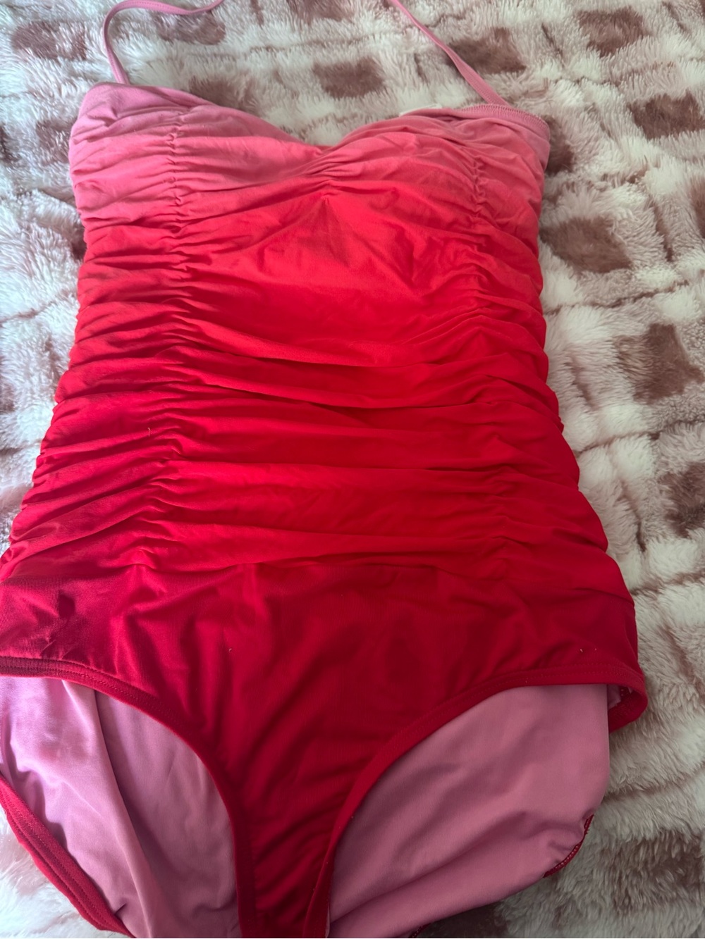 Carmen Marc Valvo Pink to Red Ombre Ruched One-Piece Swimsuit